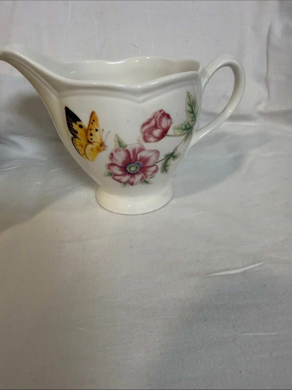 Lenox Butterfly Meadow Porcelain Creamer in White with Yellow and Pink